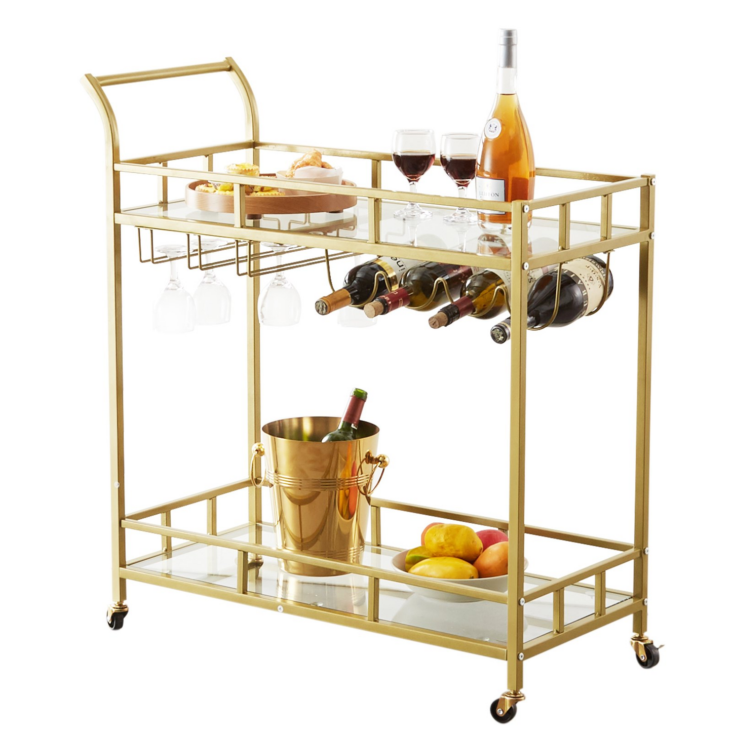 VEVOR 2 Tiers Gold Metal Bar Serving Cart with Wine Rack Glass Holder 120 LBS