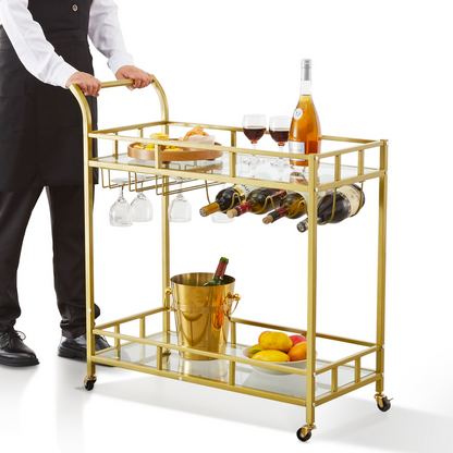 VEVOR 2 Tiers Gold Metal Bar Serving Cart with Wine Rack Glass Holder 120 LBS