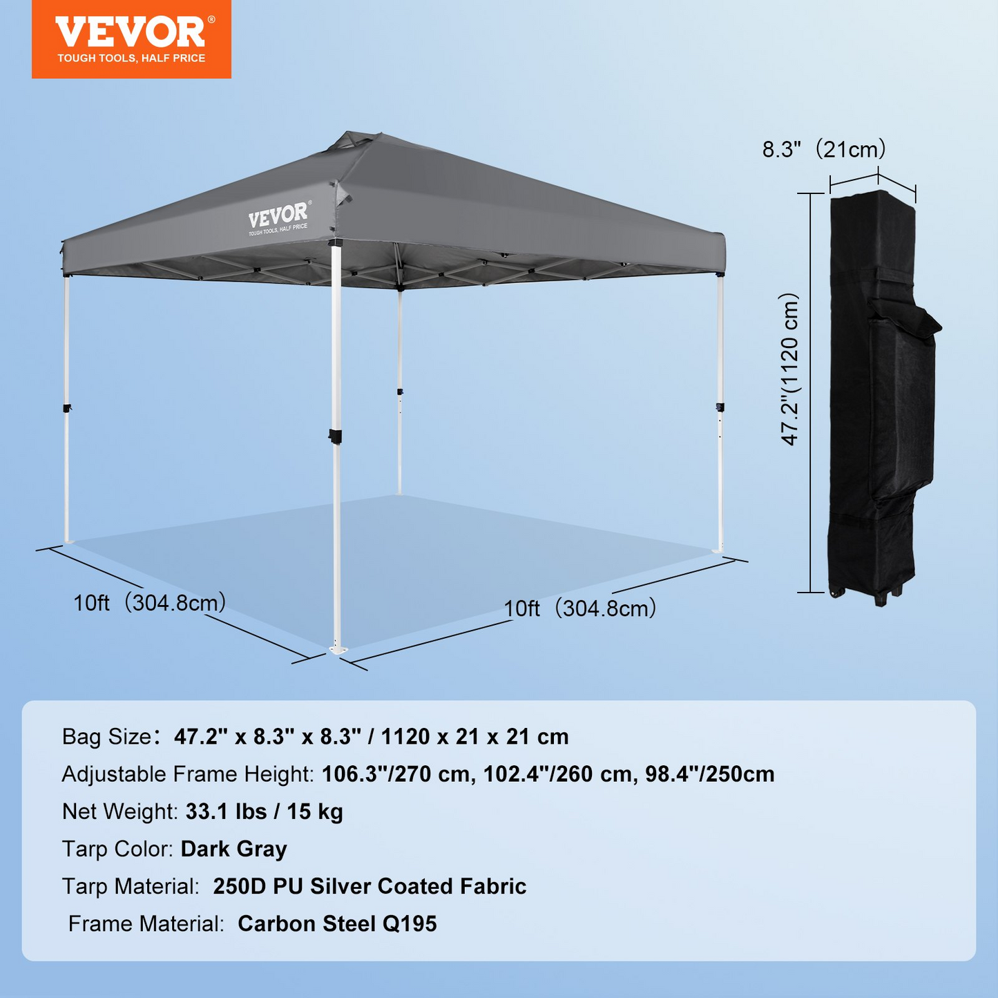 VEVOR Pop Up Canopy Tent, 10 x 10 ft, 250 D PU Silver Coated Tarp, with Portable Roller Bag and 4 Sandbags, Waterproof and Sun Shelter Gazebo for Outdoor Party, Camping, Commercial Events, Dark Gray