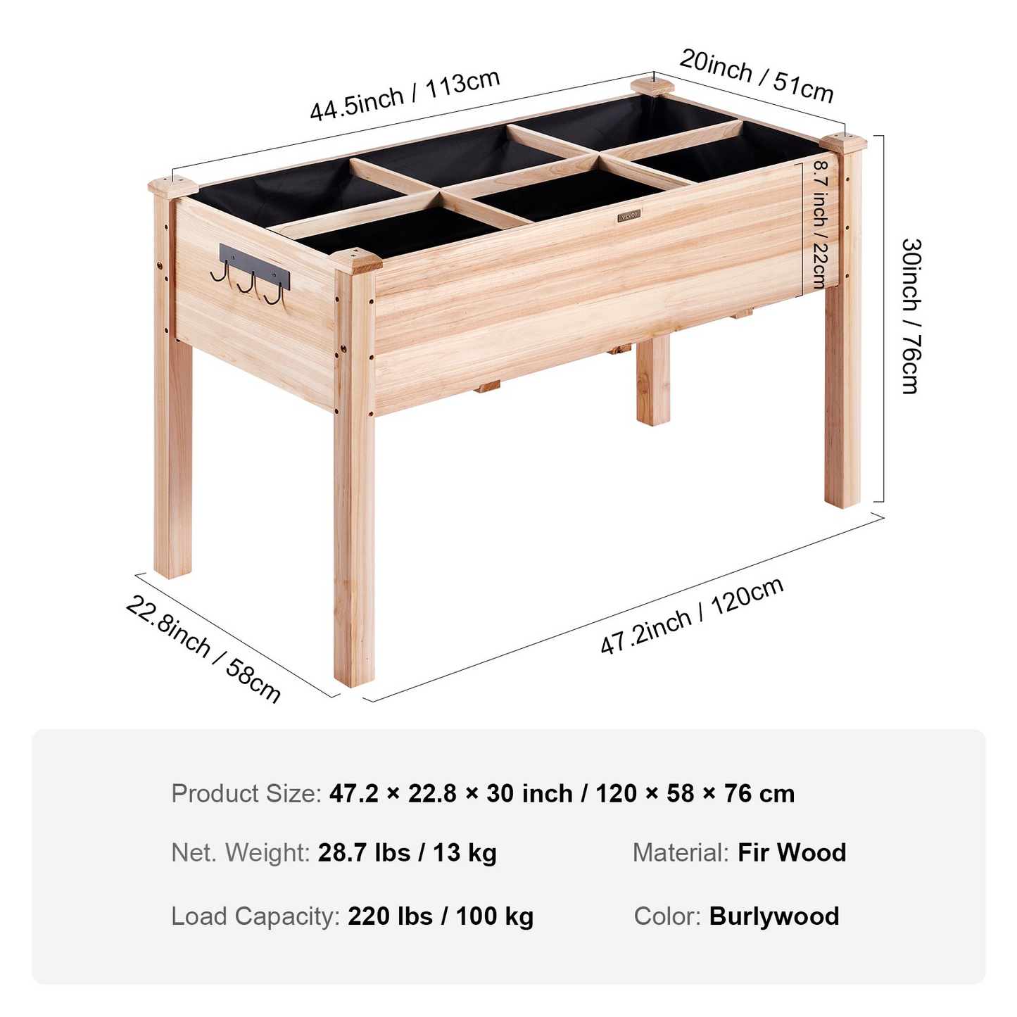 VEVOR Wooden Raised Garden Bed Planter Box 47.2x22.8x30" Flower Vegetable Herb