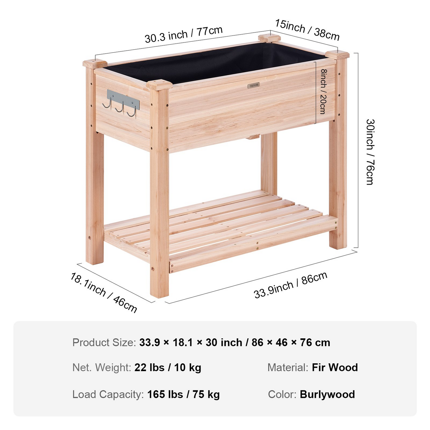 VEVOR Wooden Raised Garden Bed Planter Box 33.9x18.1x30" Flower Vegetable Herb