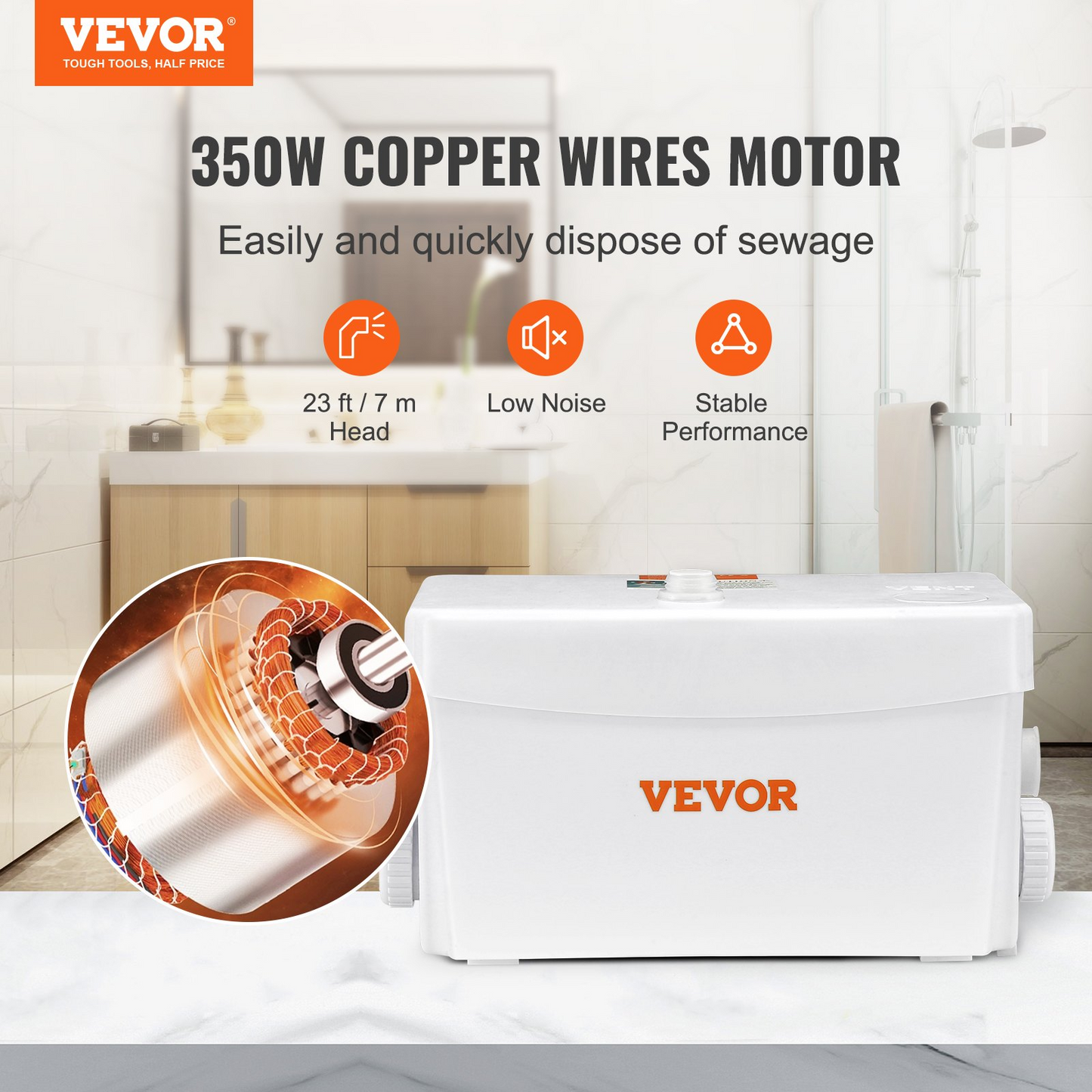 VEVOR 300W for Macerator Toilet Macerating Toilet Pump Macerator Pump 6000 L/h Flow, 23 ft/7 m Head Toilet Bowl,Toilet Tank Upflush Toilet with 3 Water Inltes For Kitchen, Bathroom