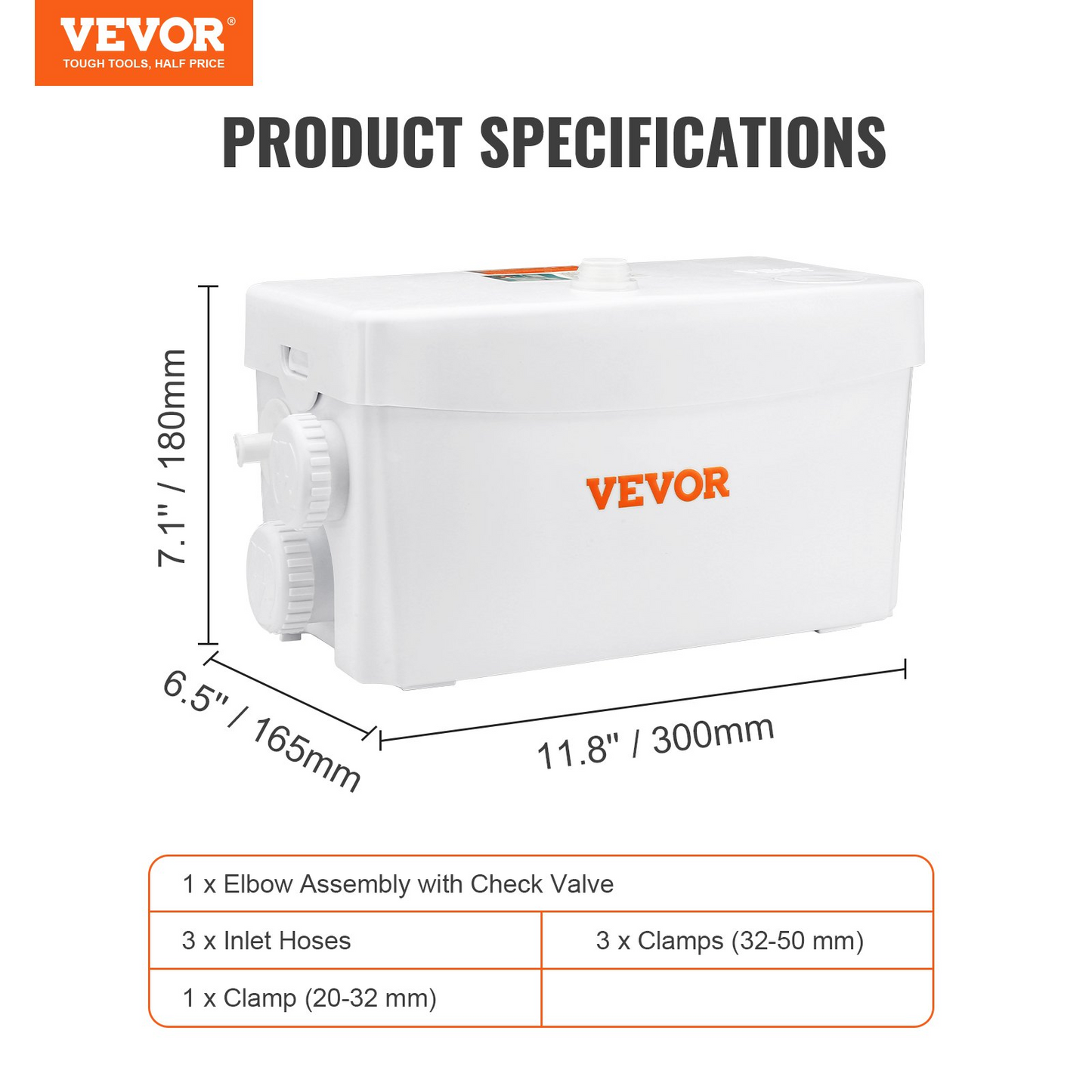 VEVOR 300W for Macerator Toilet Macerating Toilet Pump Macerator Pump 6000 L/h Flow, 23 ft/7 m Head Toilet Bowl,Toilet Tank Upflush Toilet with 3 Water Inltes For Kitchen, Bathroom