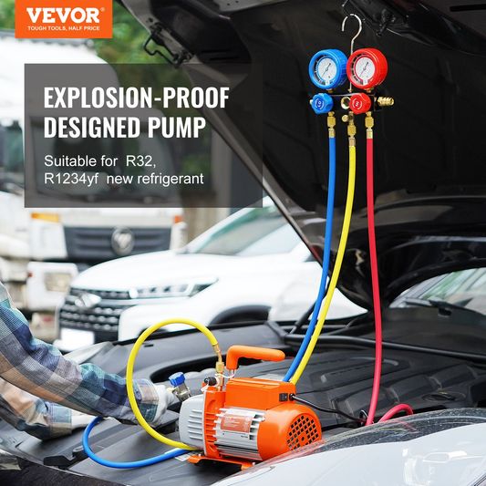 VEVOR 1/5 HP 3.5 CFM AC Vacuum Pump and Gauge Set, Single Stage Rotary Vane HVAC Air Vacuum Pump A/C Refrigerant Kit Manifold Gauge Set, with Three-Color Hose Carry Bag, Applicable to R134a, R1234yf