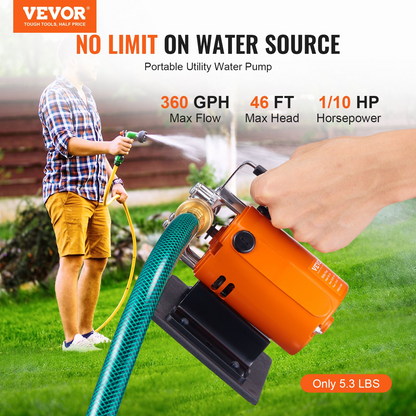 VEVOR Water Transfer Pump, 120V AC 360 GPH 1/10 HP, Portable Electric Utility Pump with 6 ft Suction Hose Kit, Carbon Brushes, Impeller, Suction Strainer, for Garden, Rain Barrel, Pool, Pond, Aquarium