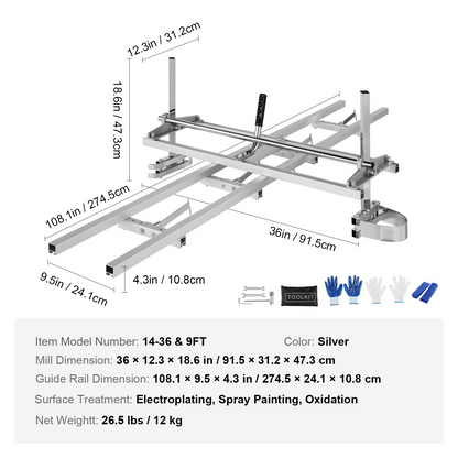 VEVOR Chainsaw Mill and Rail Mill Guide System, Portable Sawmill 14"-36" Guide Bar, 9ft Aluminum Saw Milling Rail Guide with Chainsaw Planking Mill for Woodworkers and Carpenters