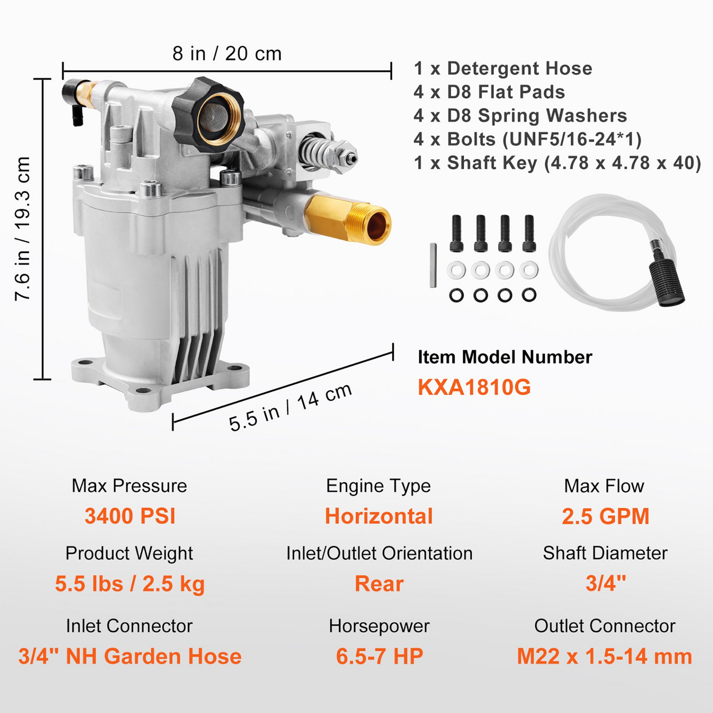 VEVOR Pressure Washer Pump, 3/4" Shaft Horizontal, 3400 PSI, 2.5 GPM, Replacement Power Washer Pumps Kit, Parts Washer Pump, Compatible with Honda, Simpson, RYOBI, Briggs & Stratton, Subaru, Craftsman