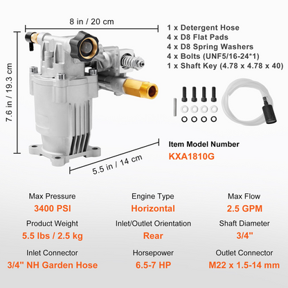 VEVOR Pressure Washer Pump, 3/4" Shaft Horizontal, 3400 PSI, 2.5 GPM, Replacement Power Washer Pumps Kit, Parts Washer Pump, Compatible with Honda, Simpson, RYOBI, Briggs & Stratton, Subaru, Craftsman