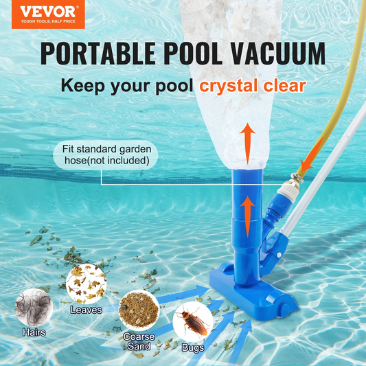 VEVOR Portable Pool Vacuum, Handheld Pool Vacuum Cleaner with 3 Scrub Brushes & 56" 6 Sections Pole, Swimming Pool Jet Cleaner for Above Ground Pool, Inflatable Pool, Spas, Ponds & Fountains