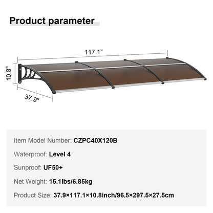 VEVOR Window Door Awning Canopy 40" x 120", UPF 50+ Polycarbonate Entry Door Outdoor Window Awning Exterior, Front Door Overhang Awning for Sun Shutter, UV, Rain, Snow Protection, Hollow Sheet