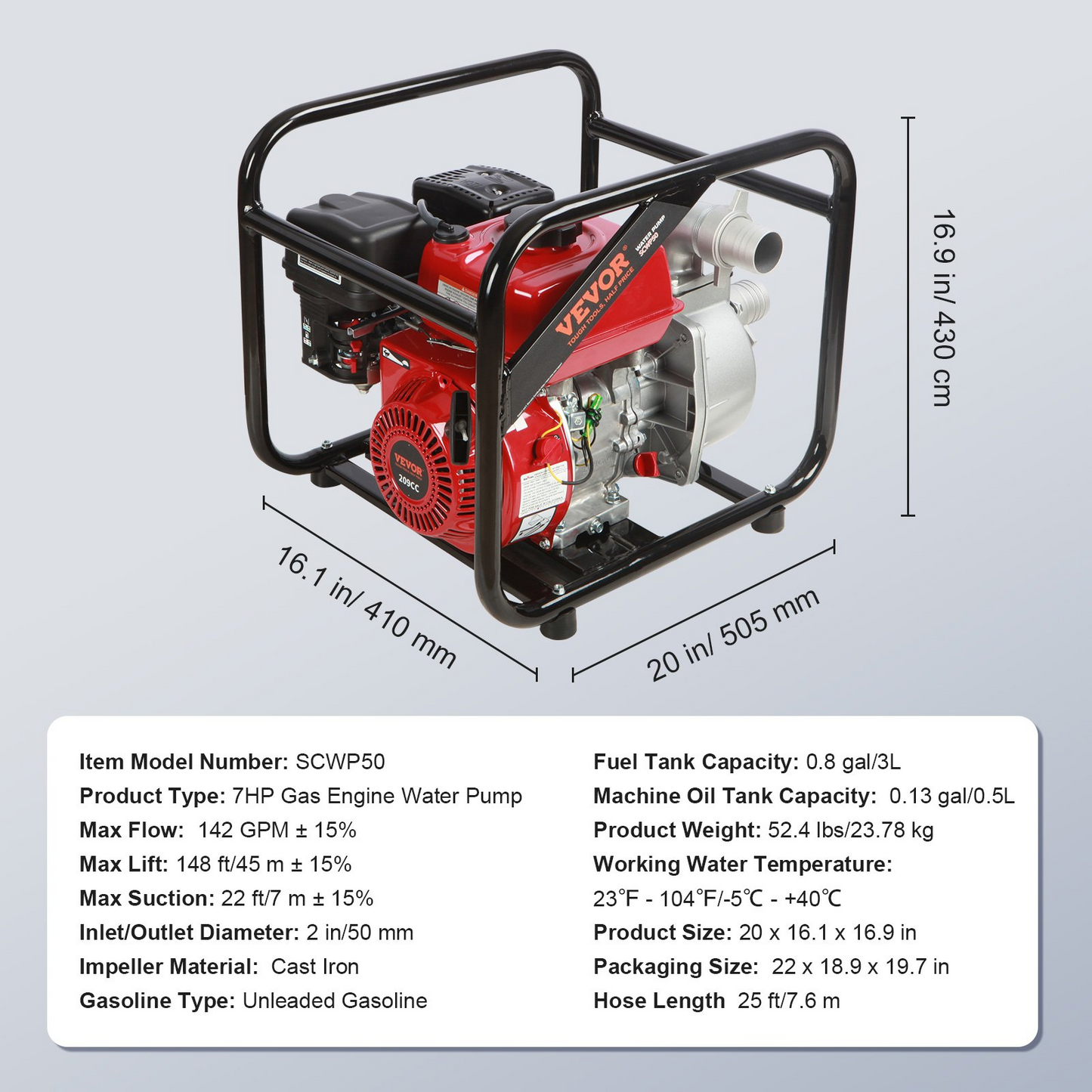 VEVOR Gasoline Engine Water Pump, 2-inch, 7HP 142 GPM, 148ft Lift, 22ft Suction, 4-Stroke Gas Powered Trash Water Transfer Pump Portable High Pressure with 25ft Hose for Irrigation Pool, EPA Certified