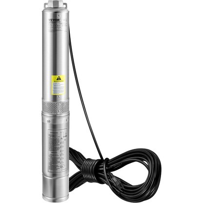 VEVOR Deep Well Submersible Pump, 2HP/1500W 230V/60Hz, 37GPM Flow 427 ft Head, with 33 ft Electric Cord, 4 inch Stainless Steel Water Pumps for Industrial, Irrigation & Home Use, IP68 Waterproof Grade