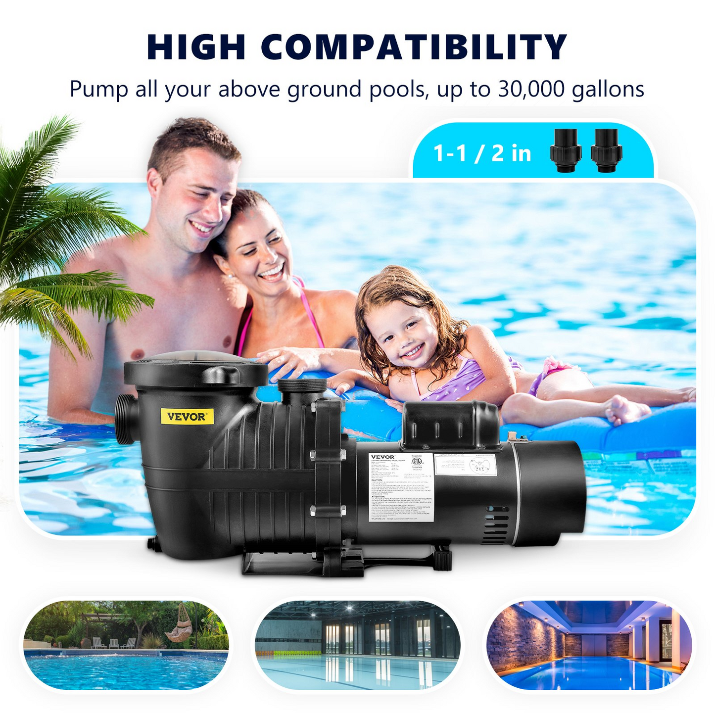 VEVOR Pool Pump 1.5HP 230V, Variable Dual Speed Pumps 1100W for Above Ground Pool, Powerful Self-priming Pump w/ Strainer Filter Basket, 5400 GPH Max. Flow, Energy Saving Swimming Pool Pump