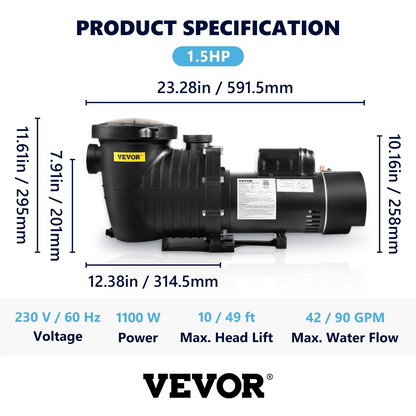 VEVOR Pool Pump 1.5HP 230V, Variable Dual Speed Pumps 1100W for Above Ground Pool, Powerful Self-priming Pump w/ Strainer Filter Basket, 5400 GPH Max. Flow, Energy Saving Swimming Pool Pump