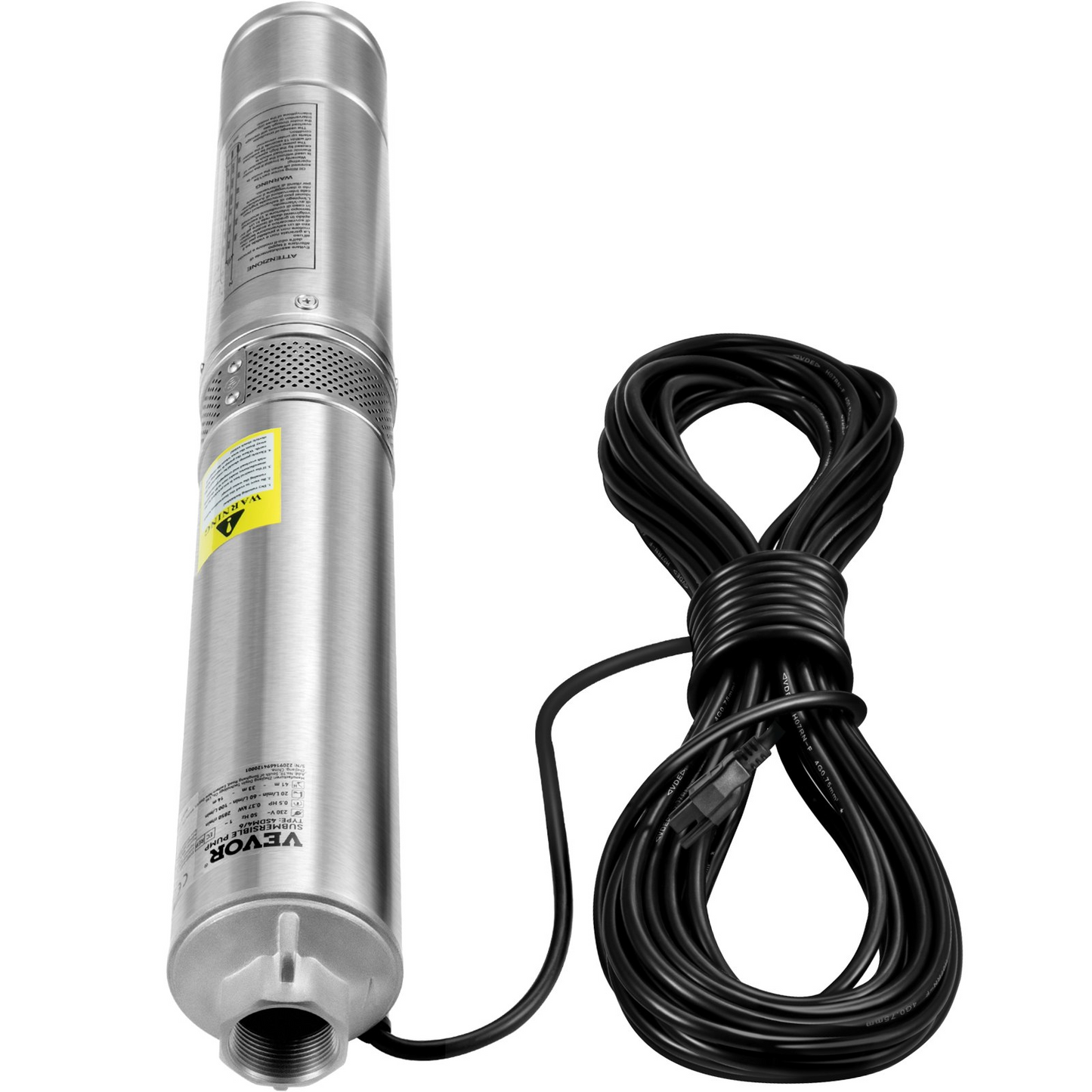 VEVOR Deep Well Submersible Pump, 0.5HP 115V/60Hz, 28gpm Flow 167ft Head, with 33ft Electric Cord, 4" Stainless Steel Water Pumps for Industrial, Irrigation&Home Use, IP68 Waterproof Grade