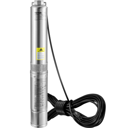 VEVOR Deep Well Submersible Pump, 0.5HP 115V/60Hz, 28gpm Flow 167ft Head, with 33ft Electric Cord, 4" Stainless Steel Water Pumps for Industrial, Irrigation&Home Use, IP68 Waterproof Grade