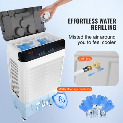 VEVOR Evaporative Air Cooler, 2100 CFM, 135° Oscillating Swamp Cooler with Adjustable 3 Speeds and 12 H Timer, 7 Gal Portable Air Cooler for 750 Sq.ft, Indoor/Outdoor Use