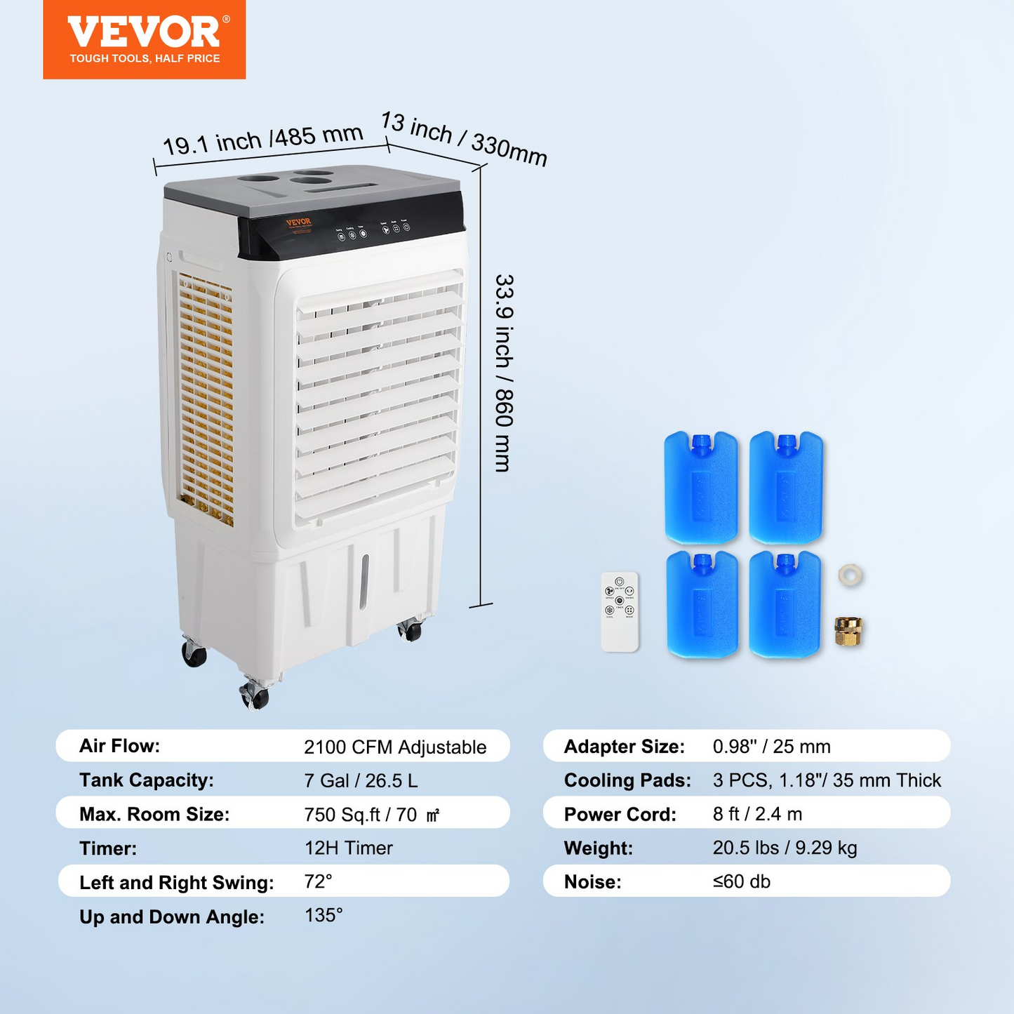 VEVOR Evaporative Air Cooler, 2100 CFM, 135° Oscillating Swamp Cooler with Adjustable 3 Speeds and 12 H Timer, 7 Gal Portable Air Cooler for 750 Sq.ft, Indoor/Outdoor Use