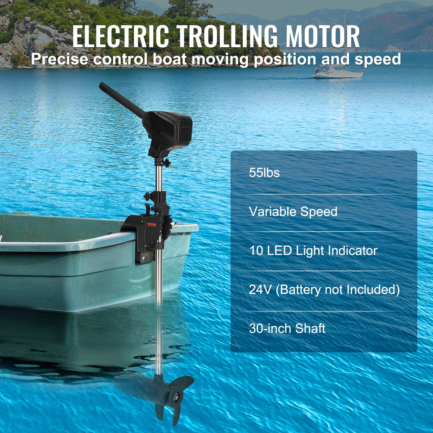 VEVOR Electric Trolling Motor 55lb Thrust Transom Mounted 24-Volt Boat Motor Variable Speed 10 LED Indicator for Kayak, Small Fishing Boats (30" Shaft)