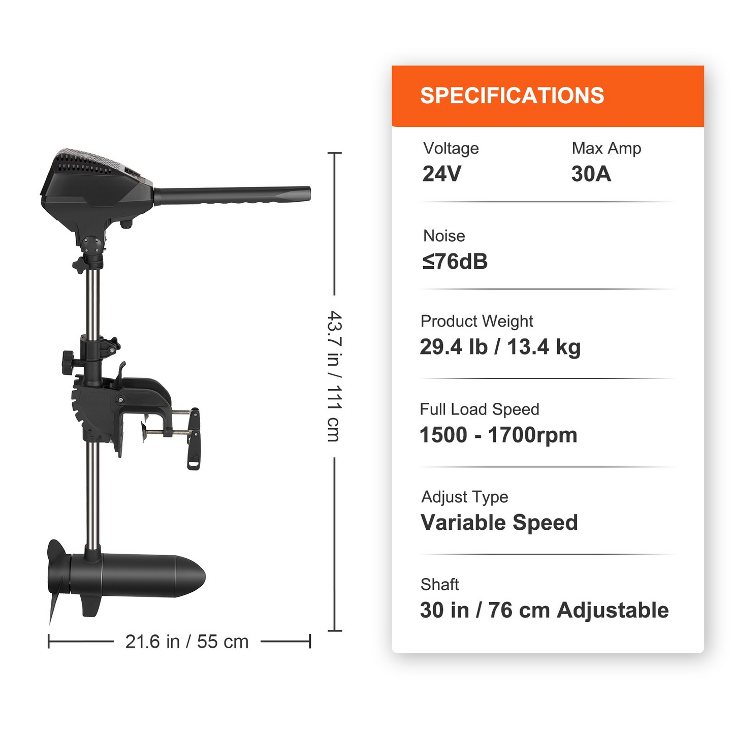 VEVOR Electric Trolling Motor 55lb Thrust Transom Mounted 24-Volt Boat Motor Variable Speed 10 LED Indicator for Kayak, Small Fishing Boats (30" Shaft)