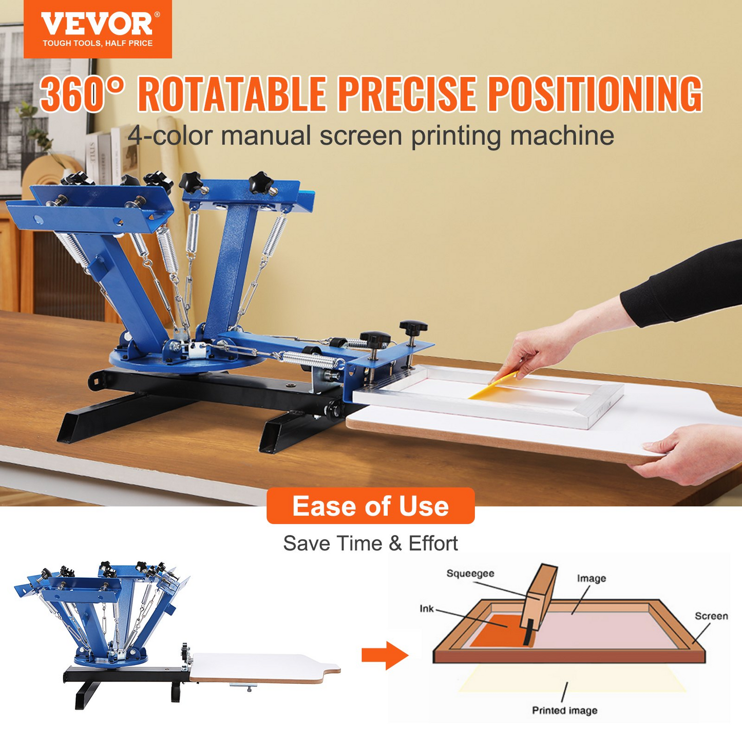 VEVOR Screen Printing Machine, 4 Color 1 Station, 360° Rotable Silk Screen Printing Press, 21.2 x 17.7in / 54 x 45cm Screen Printing Press, Dual-layer Positioning Pallet for DIY T-shirt Printing