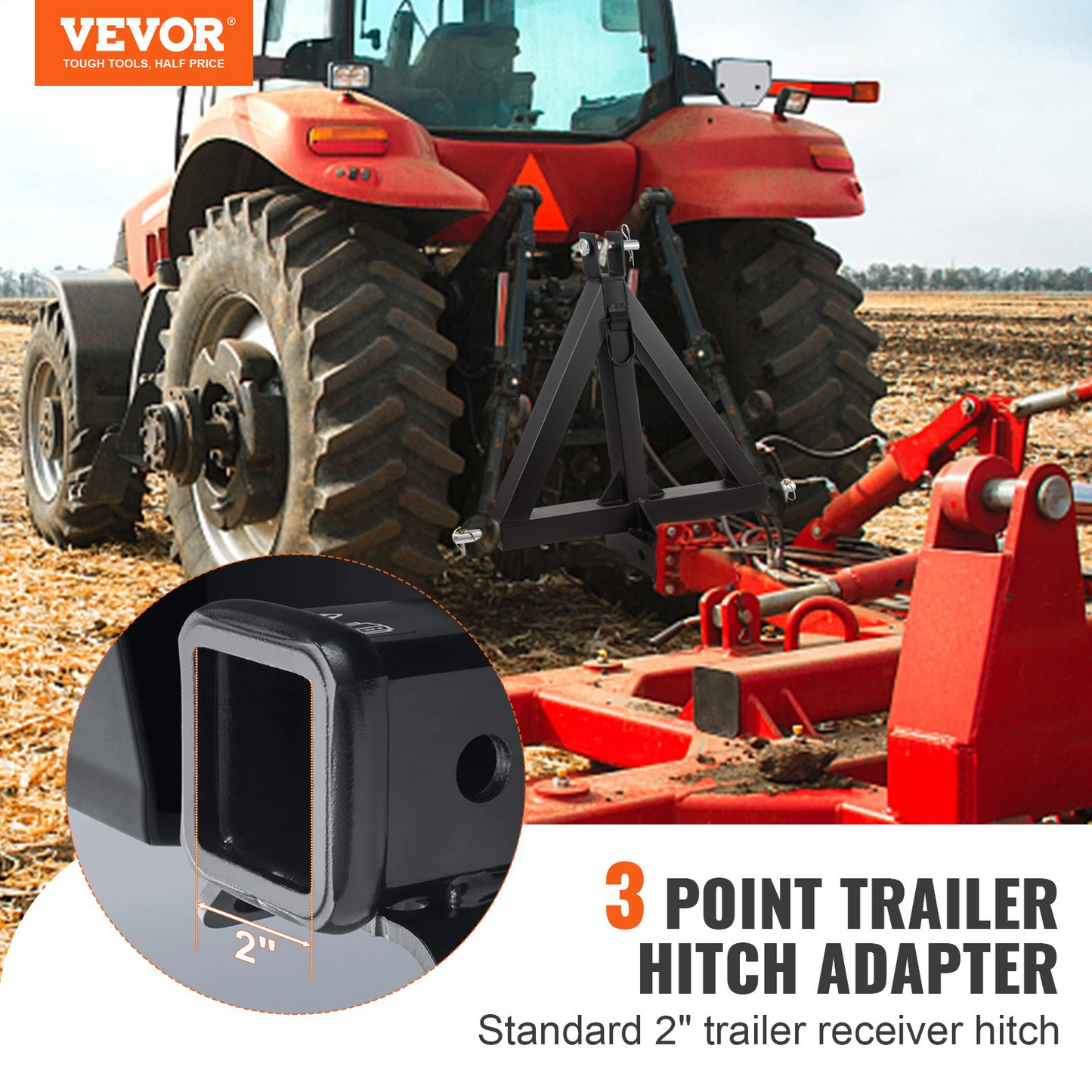 VEVOR 3 Point Hitch Receiver, 3 Point 2" Receiver Trailer Hitch Category 1 Tractor Tow Drawbar Adapter with Pins, Compatible with Kubota, Mahindra, Ford, Yanmar, John Deere, Massey Ferguson