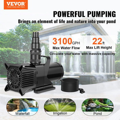 VEVOR Submersible Water Pump 3100GPH Pond Pump 22FT 240W for Waterfall Fountain