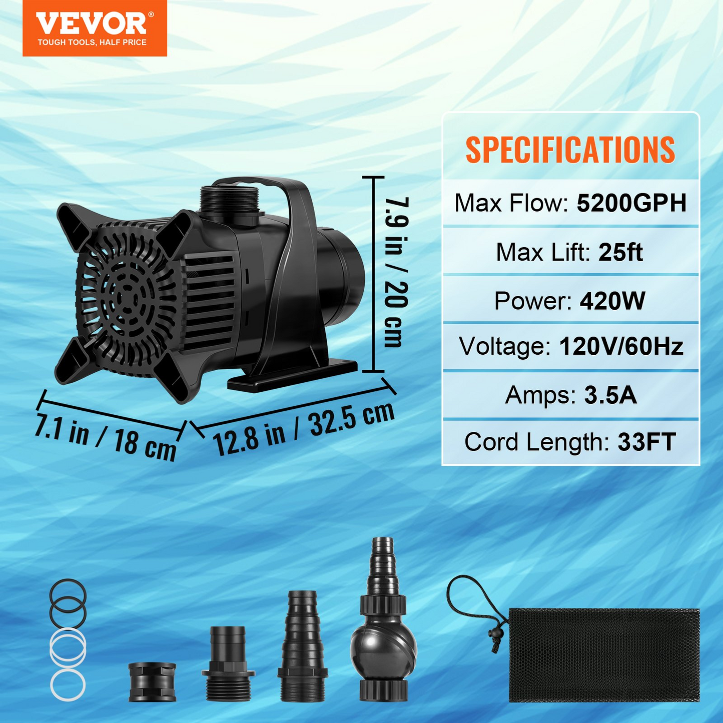 VEVOR Submersible Water Pump 5200GPH Pond Pump 25FT 420W for Waterfall Fountain