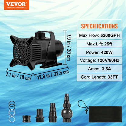 VEVOR Submersible Water Pump 5200GPH Pond Pump 25FT 420W for Waterfall Fountain