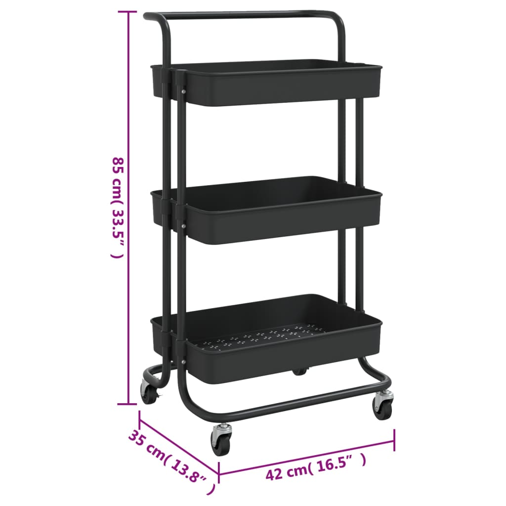 vidaXL 3-Tier Kitchen Trolley Black 16.5"x13.8"x33.5" Iron and ABS