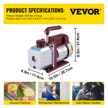 VEVOR Vacuum Pump 4.5CFM Vacuum Pump HVAC Single-Stage Rotary Vane Vacuum Pump 1/3HP 5PA Ultimate Air Conditioning Refrigerant Vacuum Pump