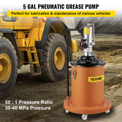 VEVOR Portable 20L Grease Pump Set Electric 5 Gallon Air Operated Grease Pump with 20FT High Pressure Hydraulic Hose