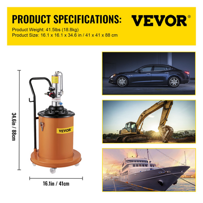 VEVOR Portable 20L Grease Pump Set Electric 5 Gallon Air Operated Grease Pump with 20FT High Pressure Hydraulic Hose