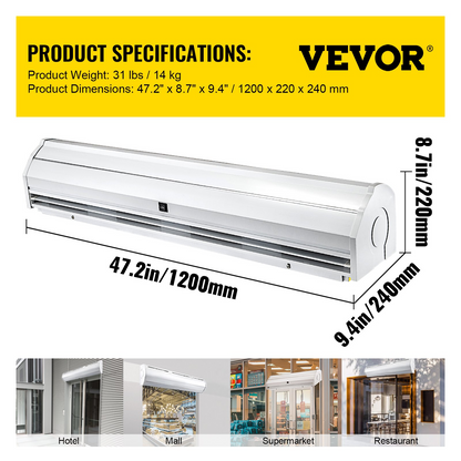 VEVOR 47 Inch Air Curtain, 2 Speeds 891 CFM Commercial Indoor Air Curtain, Air Curtains for Doors with 2 Limited Switches, CE & UL Certified, 110V Unheated