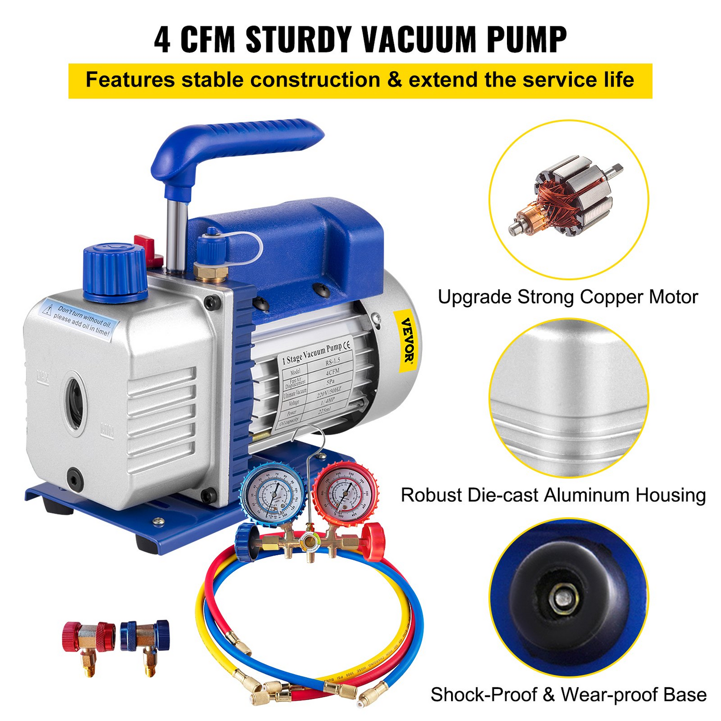 4CFM 1/4HP Rotary Vane Vacuum Pump + R134A Manifold Gauge Tester Charging +Hose