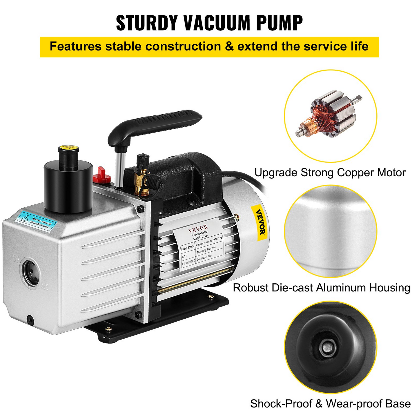 8CFM Two-Stage Rotary Vane Professional Vacuum Pump (15Micron, 1HP, 1/4"flare 3/8 SAE 1/2"ACME inlet)