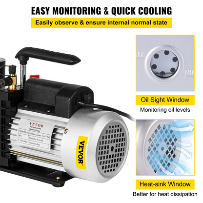 8CFM Two-Stage Rotary Vane Professional Vacuum Pump (15Micron, 1HP, 1/4"flare 3/8 SAE 1/2"ACME inlet)