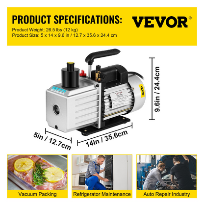 8CFM Two-Stage Rotary Vane Professional Vacuum Pump (15Micron, 1HP, 1/4"flare 3/8 SAE 1/2"ACME inlet)