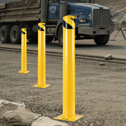 VEVOR 42-5.5 Safety Bollard, 5-1/2" OD Safety Barrier Bollard, 42" Height Yellow Powder Coat Pipe Steel Safety Barrier, with 4 Free Anchor Bolts, for Traffic-Sensitive Area