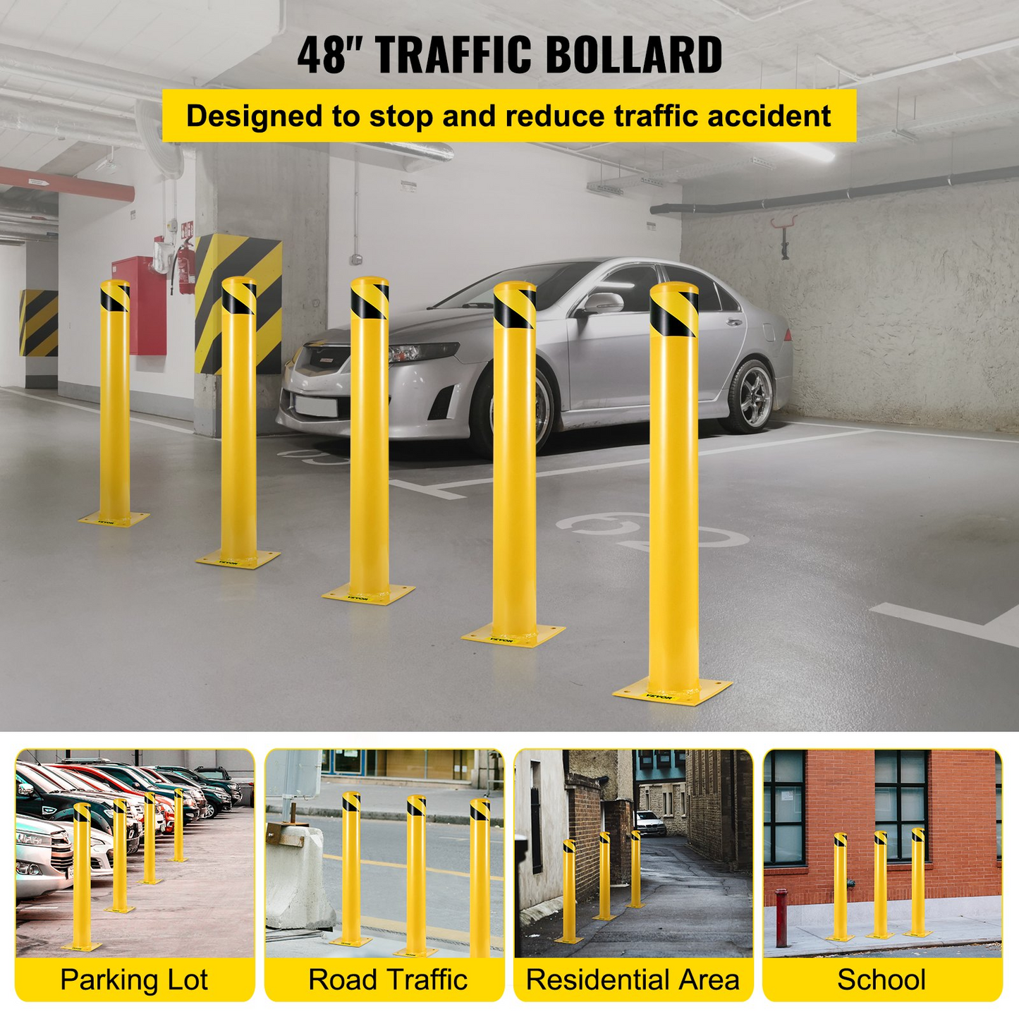 VEVOR Safety Bollard 48-5.5, Safety Barrier Bollard 5-1/2" OD 48" Height, Yellow Powder Coat Pipe Steel Safety Barrier, with 4 Free Anchor Bolts, for Traffic-Sensitive Area