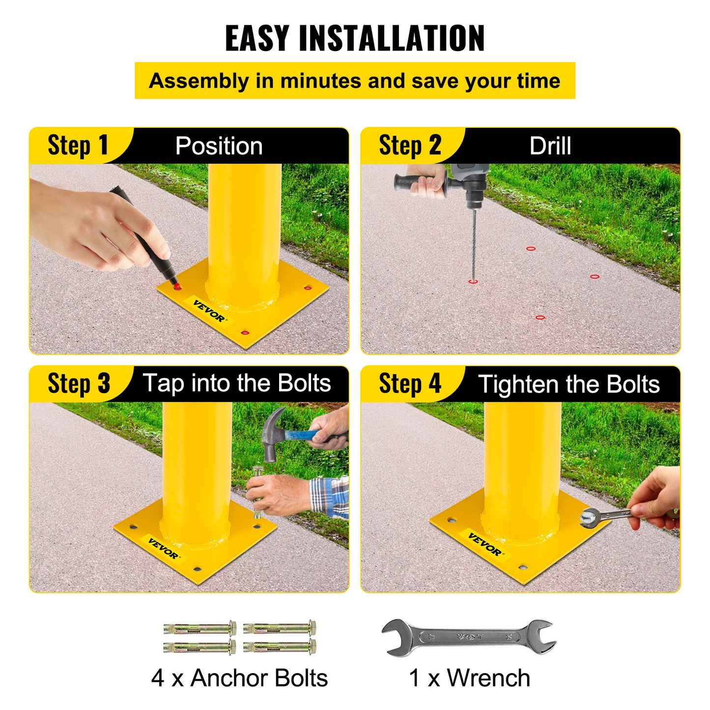 VEVOR Safety Bollard 48-5.5, Safety Barrier Bollard 5-1/2" OD 48" Height, Yellow Powder Coat Pipe Steel Safety Barrier, with 4 Free Anchor Bolts, for Traffic-Sensitive Area