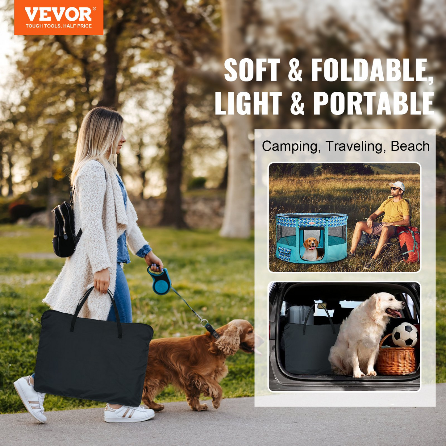 VEVOR Foldable Pet Playpen, 44'' x 44'' x 24'' Portable Dog Playpen, Crate Kennel for Puppy, Dog, Cat, Waterproof 600D Oxford Cloth, Removable Zipper, for Indoor Outdoor Travel Camping (Round, L)