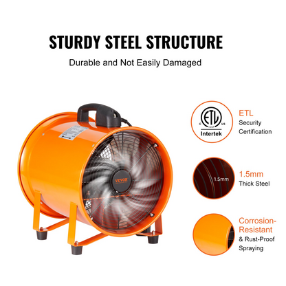 VEVOR Portable Ventilator, 12 inch Heavy Duty Cylinder Fan with 16.4ft Duct Hose, 585W Strong Shop Exhaust Blower 3198CFM, Industrial Utility Blower for Sucking Dust, Smoke, Smoke Home/Workplace