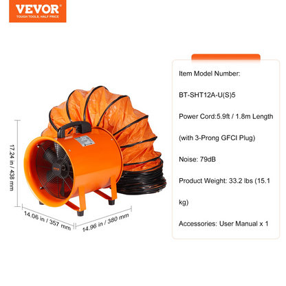 VEVOR Portable Ventilator, 12 inch Heavy Duty Cylinder Fan with 16.4ft Duct Hose, 585W Strong Shop Exhaust Blower 3198CFM, Industrial Utility Blower for Sucking Dust, Smoke, Smoke Home/Workplace