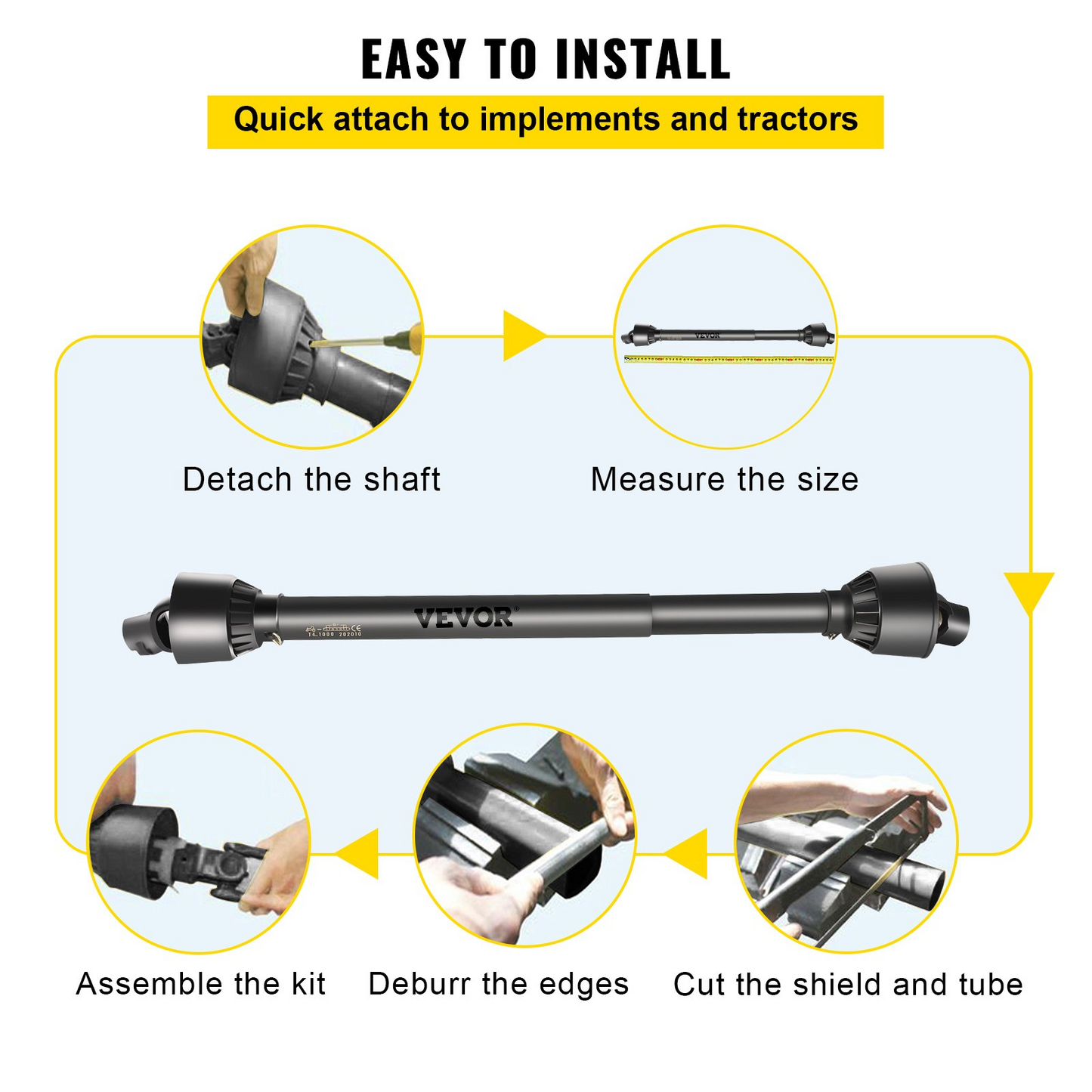 VEVOR PTO Shaft, 1-3/8" PTO Drive Shaft, 6 Spline Tractor, Round Implement Ends PTO Driveline Shaft, Series 4 Tractor PTO Shaft, 43"-61" Brush Hog PTO Shaft Black, for Finish Mower, Rotary Cutter