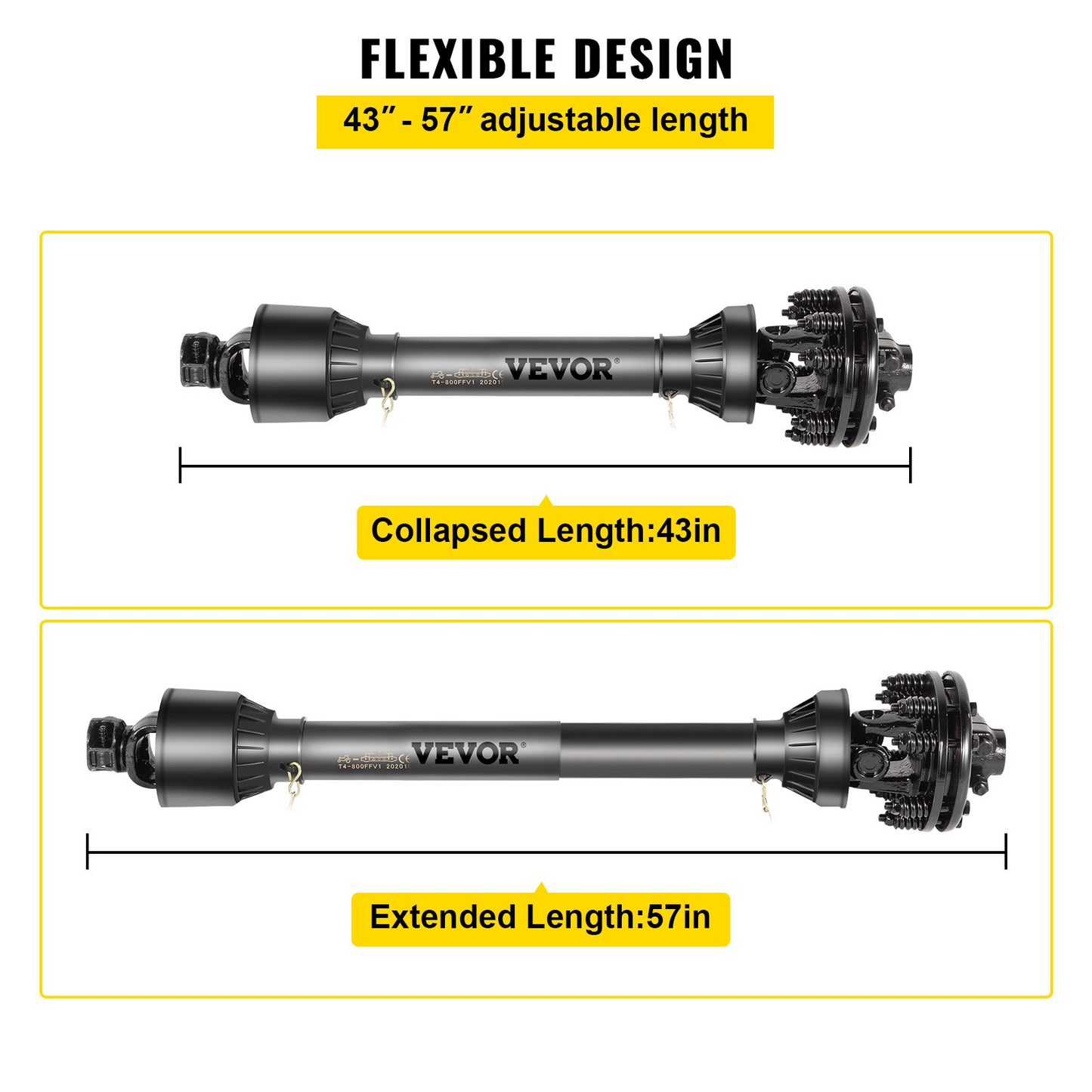 VEVOR PTO Shaft, 1-3/8" PTO Drive Shaft, 6 Spline Both Ends PTO Driveline Shaft, Series 5 Tractor PTO Shaft, 43"-57" Brush Hog PTO Shaft, Black PTO Shaft w/Slip Clutch for Bush Hog/Finish Mower