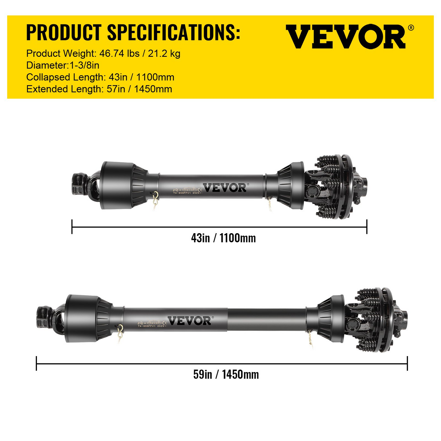 VEVOR PTO Shaft, 1-3/8" PTO Drive Shaft, 6 Spline Both Ends PTO Driveline Shaft, Series 5 Tractor PTO Shaft, 43"-57" Brush Hog PTO Shaft, Black PTO Shaft w/Slip Clutch for Bush Hog/Finish Mower