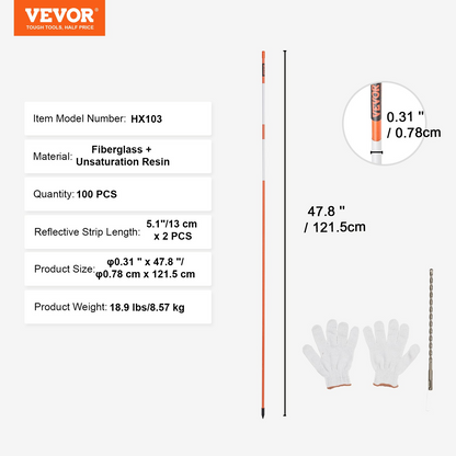 VEVOR Driveway Markers, 100 PCS 48 inch, 0.4 inch Diameter, Orange Fiberglass Poles Snow Stakes with Reflective Tape, 12" Steel Drill Bit & Protection Gloves for Parking Lots, Walkways Easy Visibility