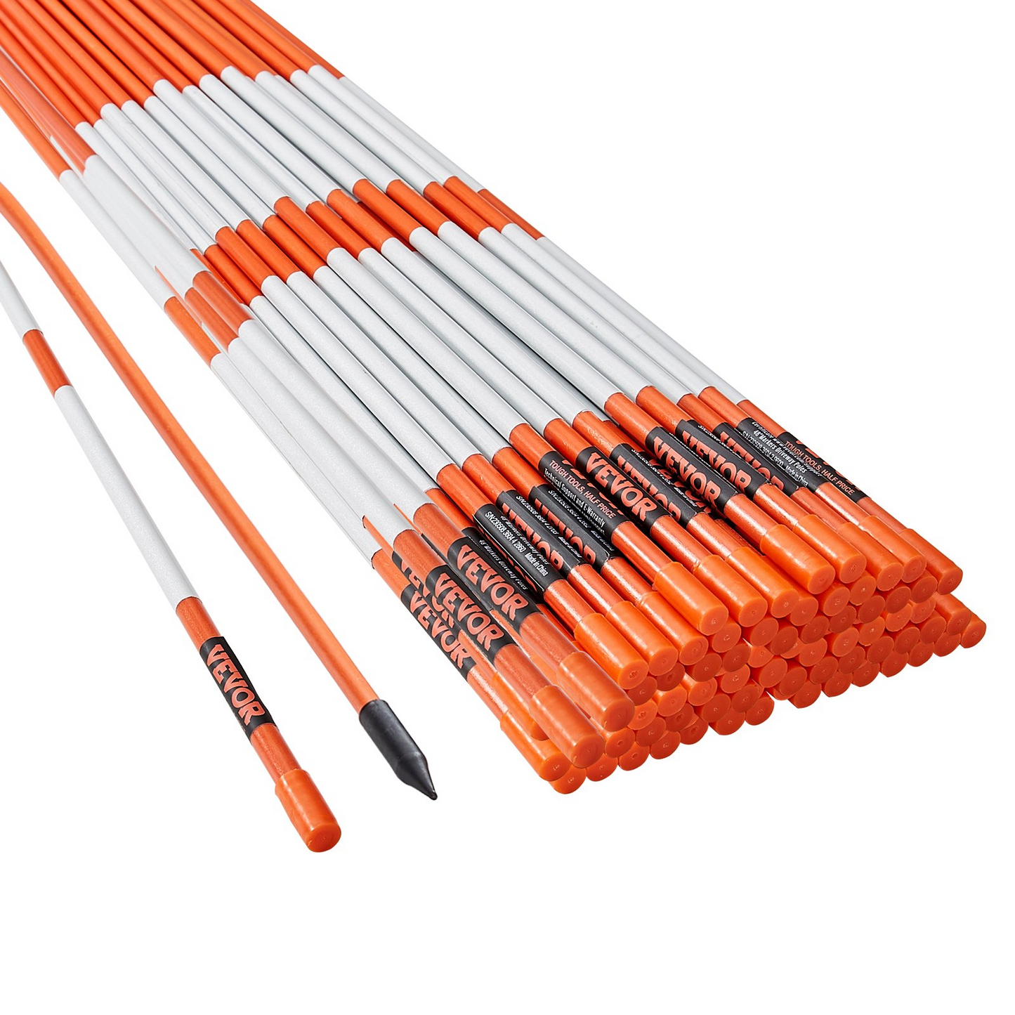 VEVOR Driveway Markers, 100 PCS 48 inch, 0.4 inch Diameter, Orange Fiberglass Poles Snow Stakes with Reflective Tape, 12" Steel Drill Bit & Protection Gloves for Parking Lots, Walkways Easy Visibility