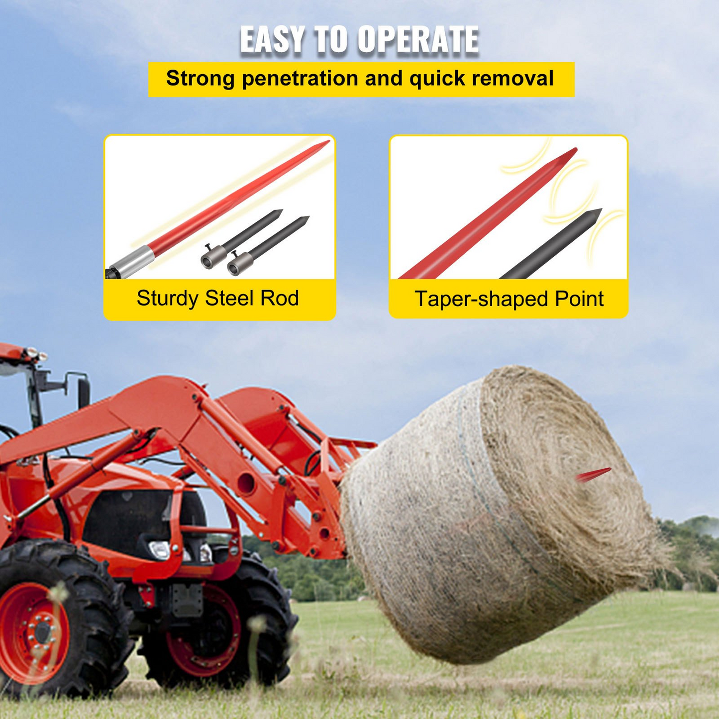 VEVOR Hay Spear 49" Bale Spear 3000 lbs Capacity, Bale Spike Quick Attach Square Hay Bale Spears 1 3/4" Wide, Red Coated Bale Forks, Bale Hay Spike with Hex Nut & Sleeve with 2 Stabilizer Spears